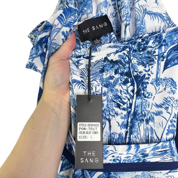 NWT The Sang Boutique Blue & White Tropical Floral Tiered Maxi Dress Large Long - Picture 6 of 16